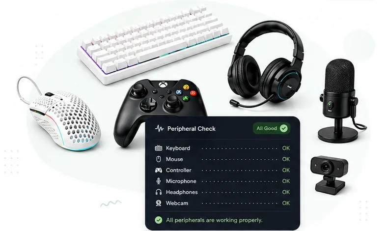 Tastatură, mouse, controller, căști, microfon și cameră verificate cu instrumentele EOKIT